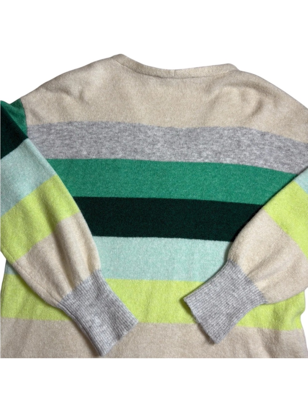 LOFT Striped V Neck Sweater Long Sleeve Green Cream Gray Striped Womens Large - Picture 6 of 9